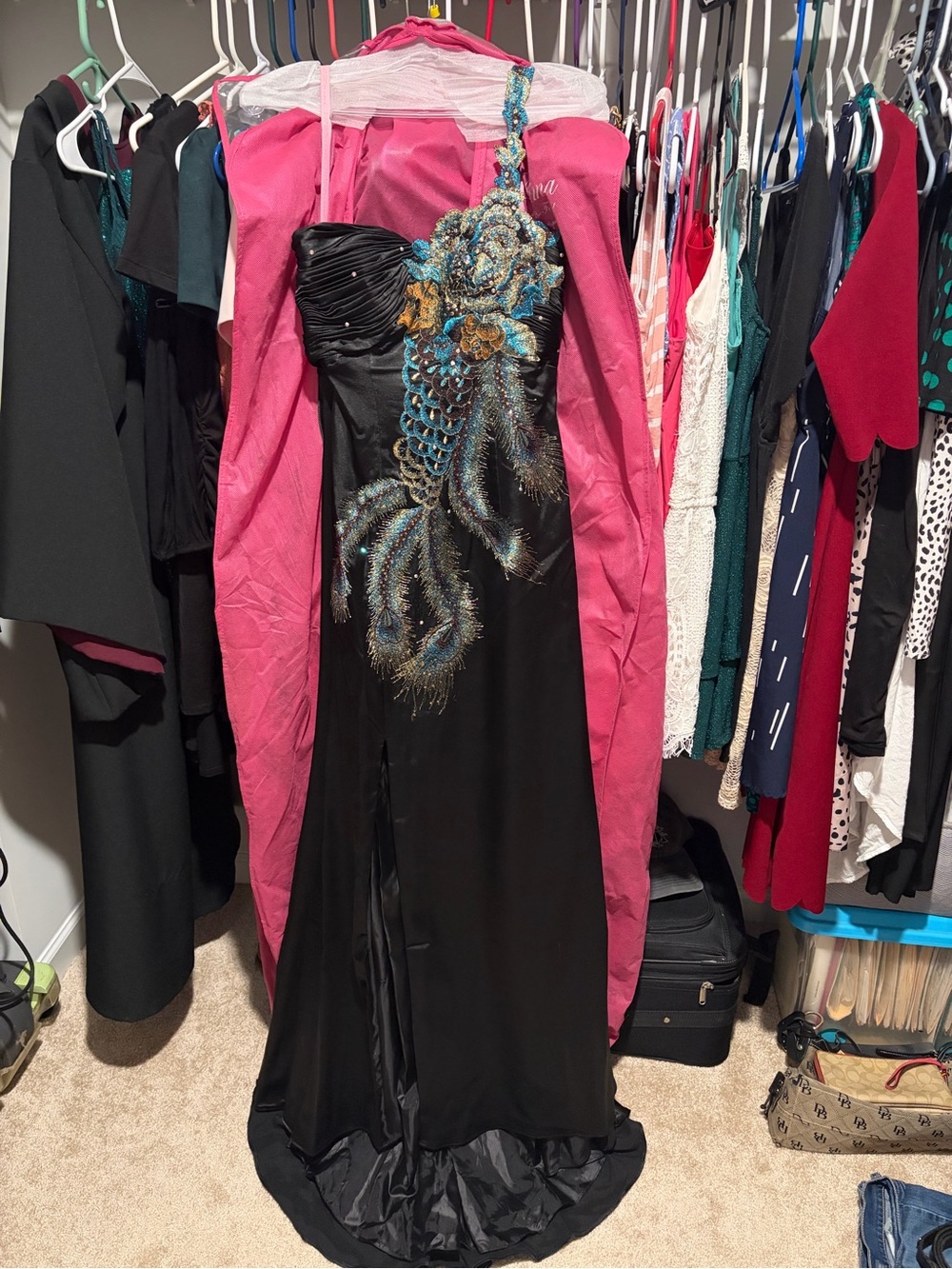 Black One-Shoulder Satin Embellished Evening Gown - Peacock Beading Detail